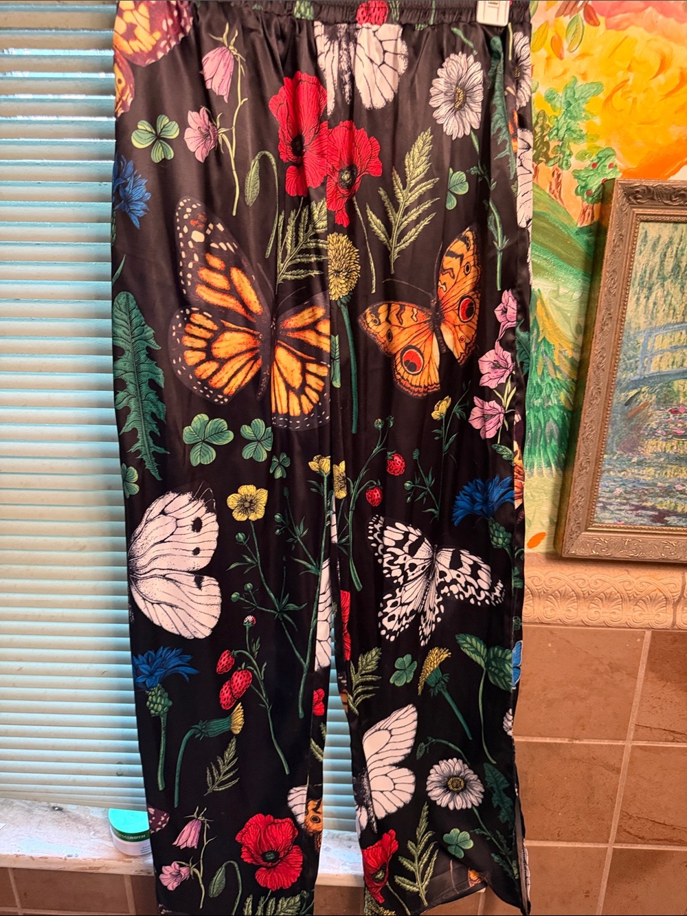 Dressed in LALA Black Wide Leg Pants with Multicolor Butterfly & Floral Print